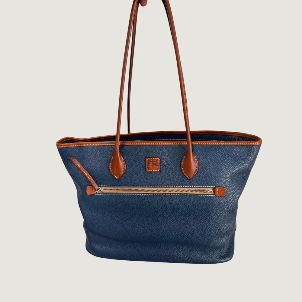 Dooney & Bourke Pebble Grain Leather Tote Navy Large Blue Cognac Shoulder Bag